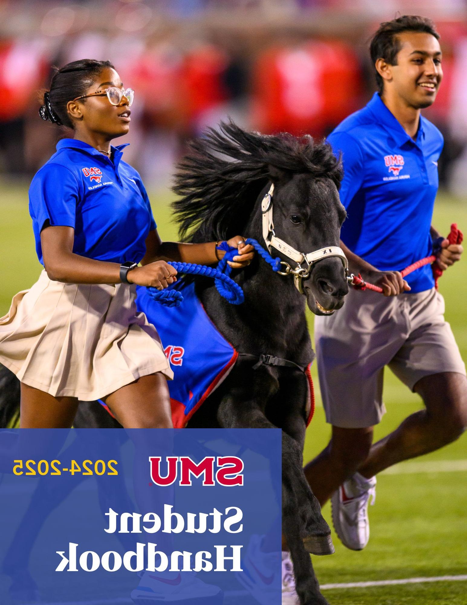 2024-2025 Student Handbook cover, two students running on football field in blue shirts guiding Peruna